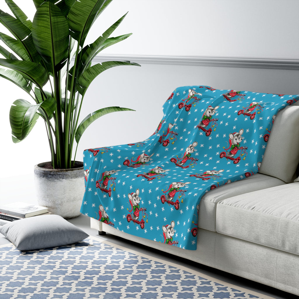 Christmas Mouse On Scooter Stars Blue Mid Century Retro Style Christmas Sherpa Fleece Blanket
