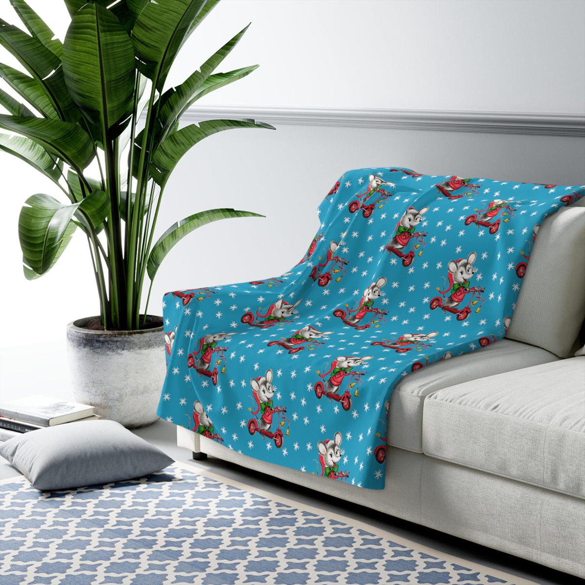 Christmas Mouse On Scooter Stars Blue Mid Century Retro Style Christmas Sherpa Fleece Blanket