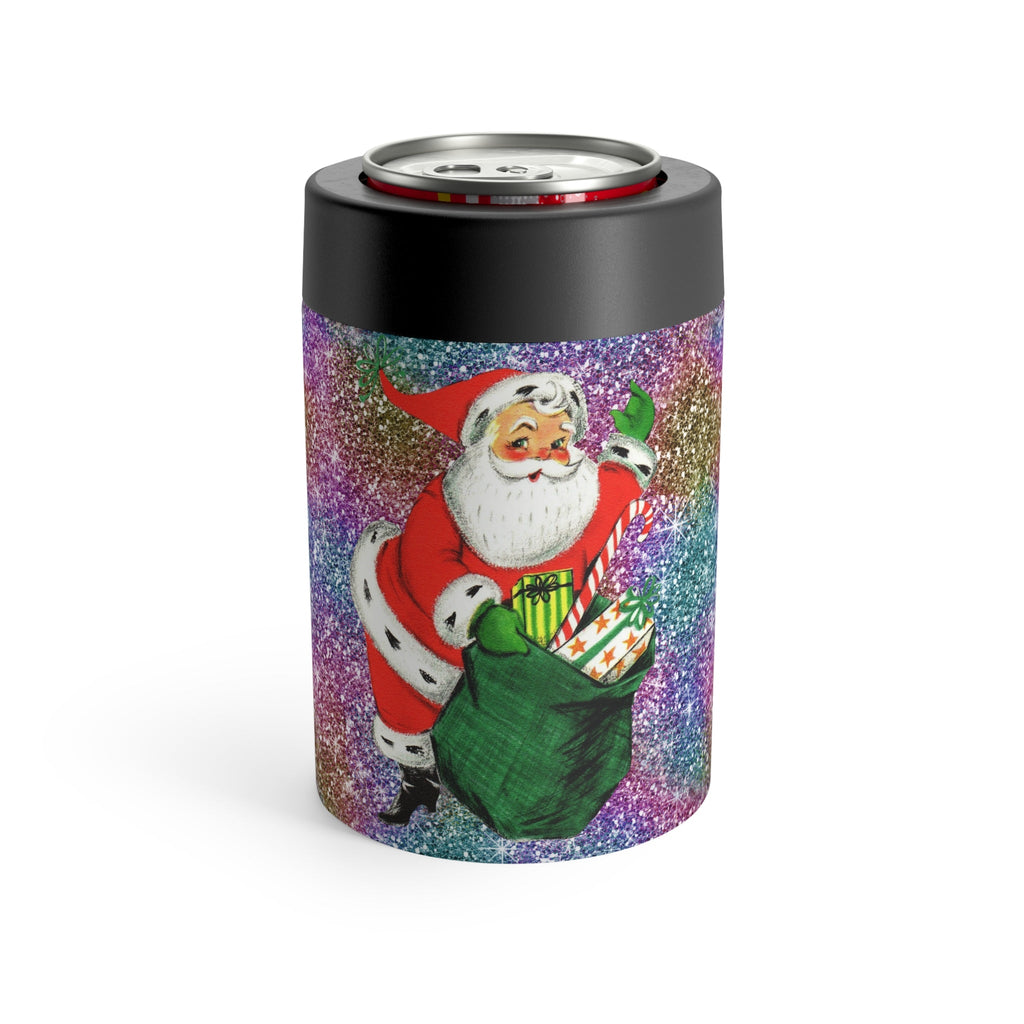 Santa With His Sack Of Presents Glitter Background Mid Century Retro Christmas Print Stainless Steel Can Holder