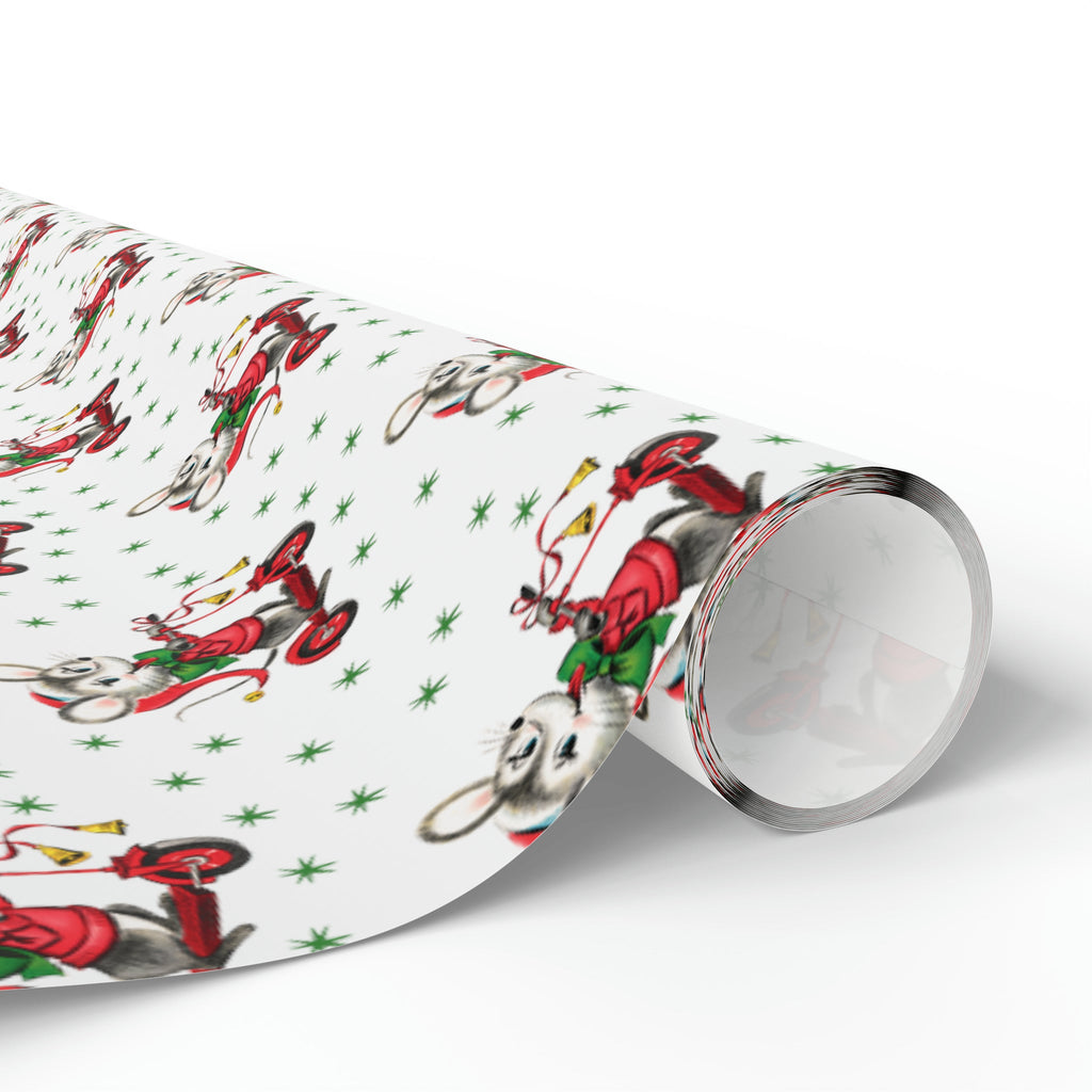 Christmas Mouse On Scooter Green Stars Mid Century Retro Christmas Print Holiday Gift Wrap Paper - Glossy Or Matte