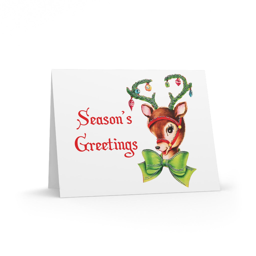 Season's Greetings Reindeer Ornament Tinsel Antlers Mid Century Retro Christmas Print Matte Greeting Cards (8, 16, and 24 pcs)