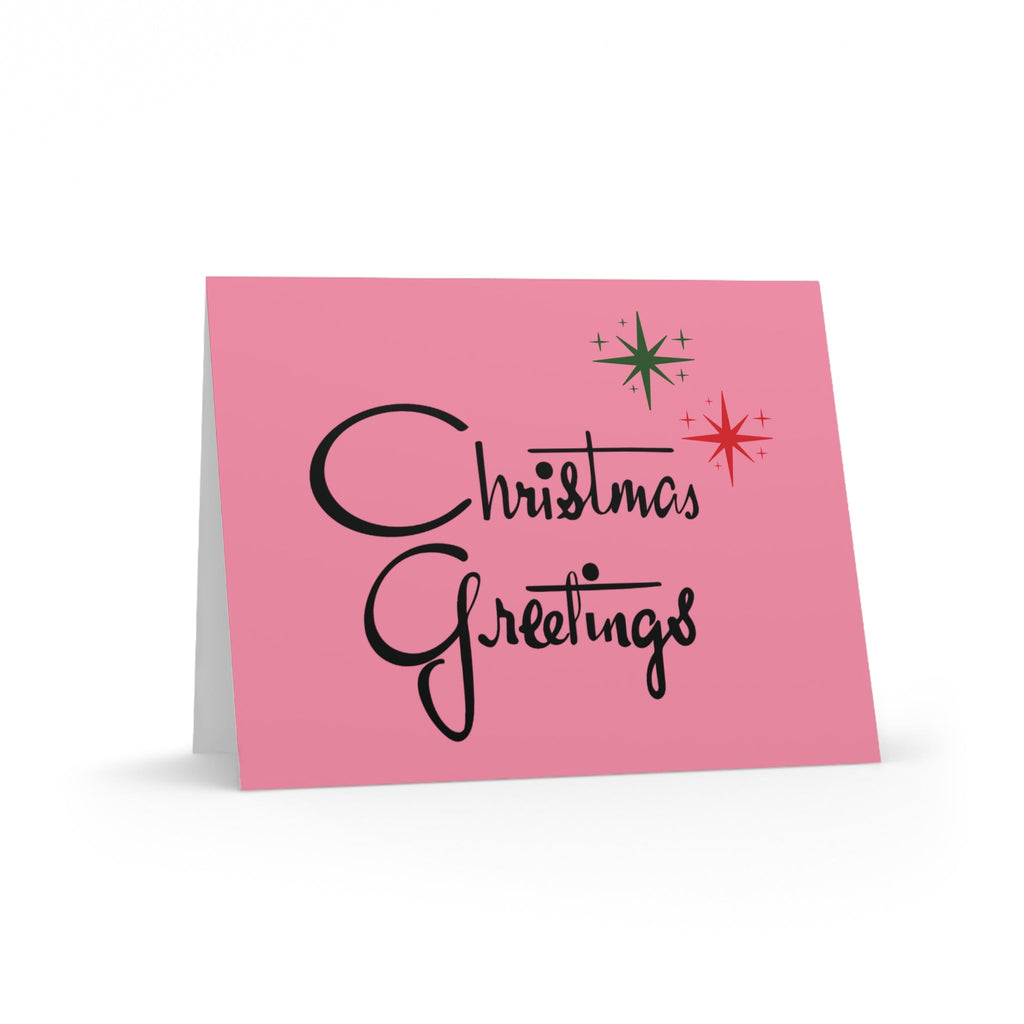 Christmas Greetings Starburst Atomic Mid Century Retro Christmas Style Pink Matte Greeting Cards (8, 16, and 24 pcs)