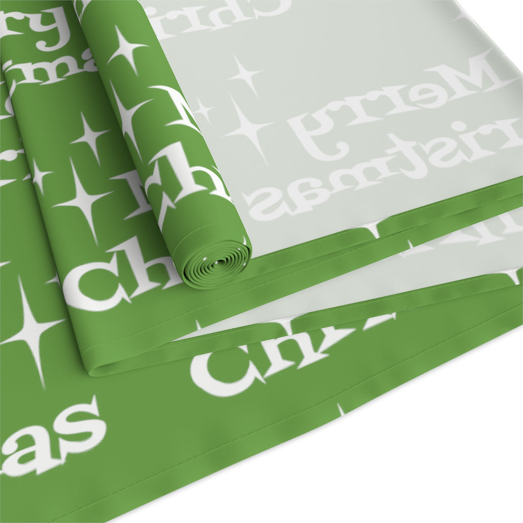 Merry Christmas Starburst Atomic Mid Century Retro Style Christmas Decor Green Cotton Poly Table Runner