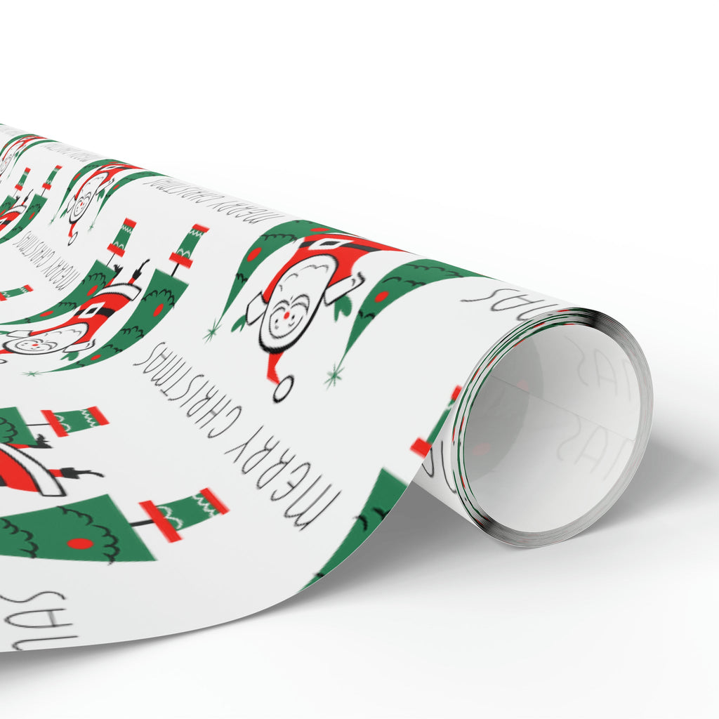 Merry Christmas Santa Christmas Trees Mid Century Retro Christmas Print Holiday Gift Wrap Paper - Glossy Or Matte