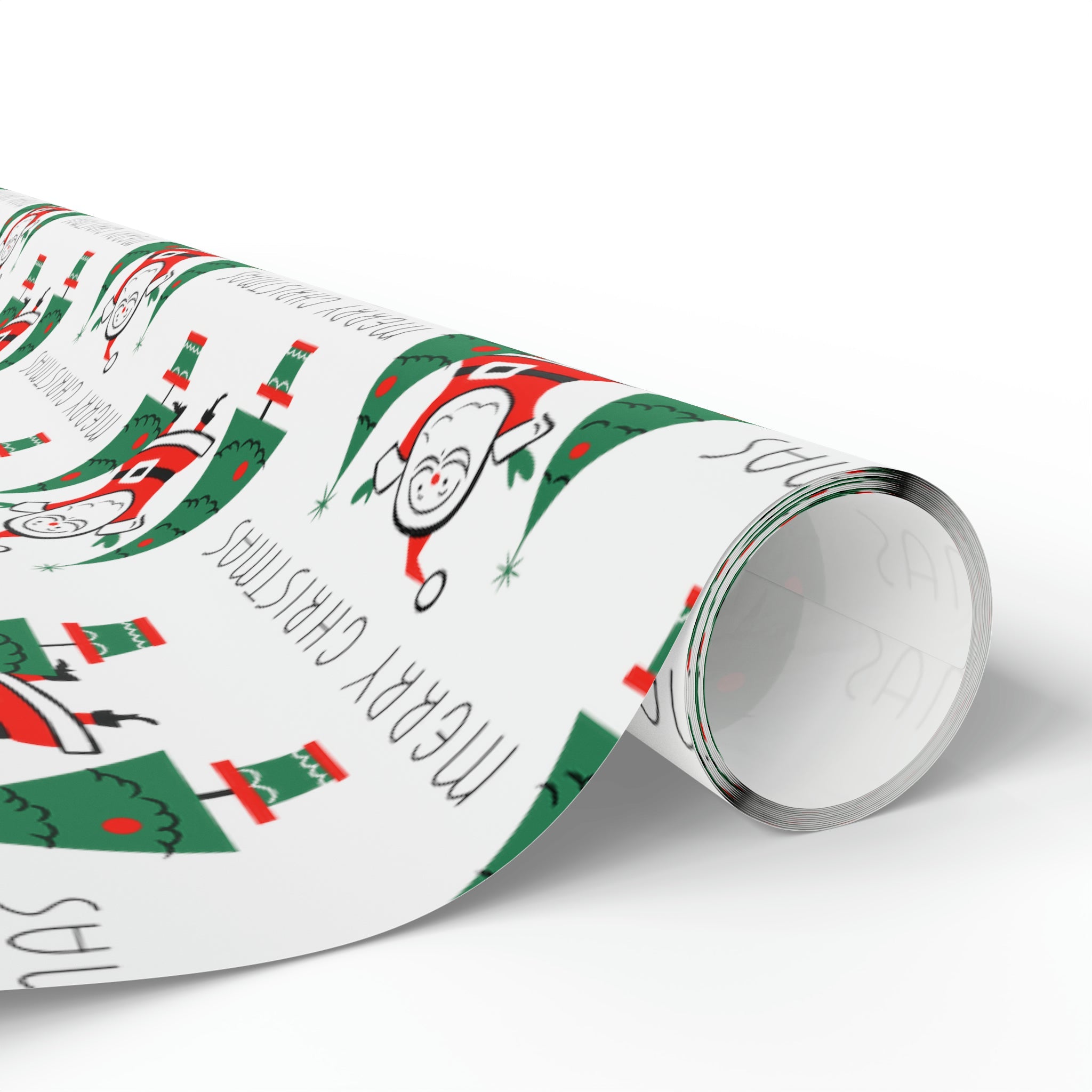Merry Christmas Santa Christmas Trees Mid Century Retro Christmas Print Holiday Gift Wrap Paper - Glossy Or Matte