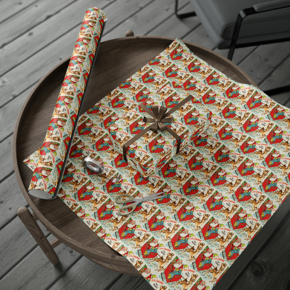 A Jolly Christmas Dear Friend Santa In Sleigh With Reindeer Mid Century Retro Christmas Print Holiday Gift Wrap Paper - Glossy Or Matte