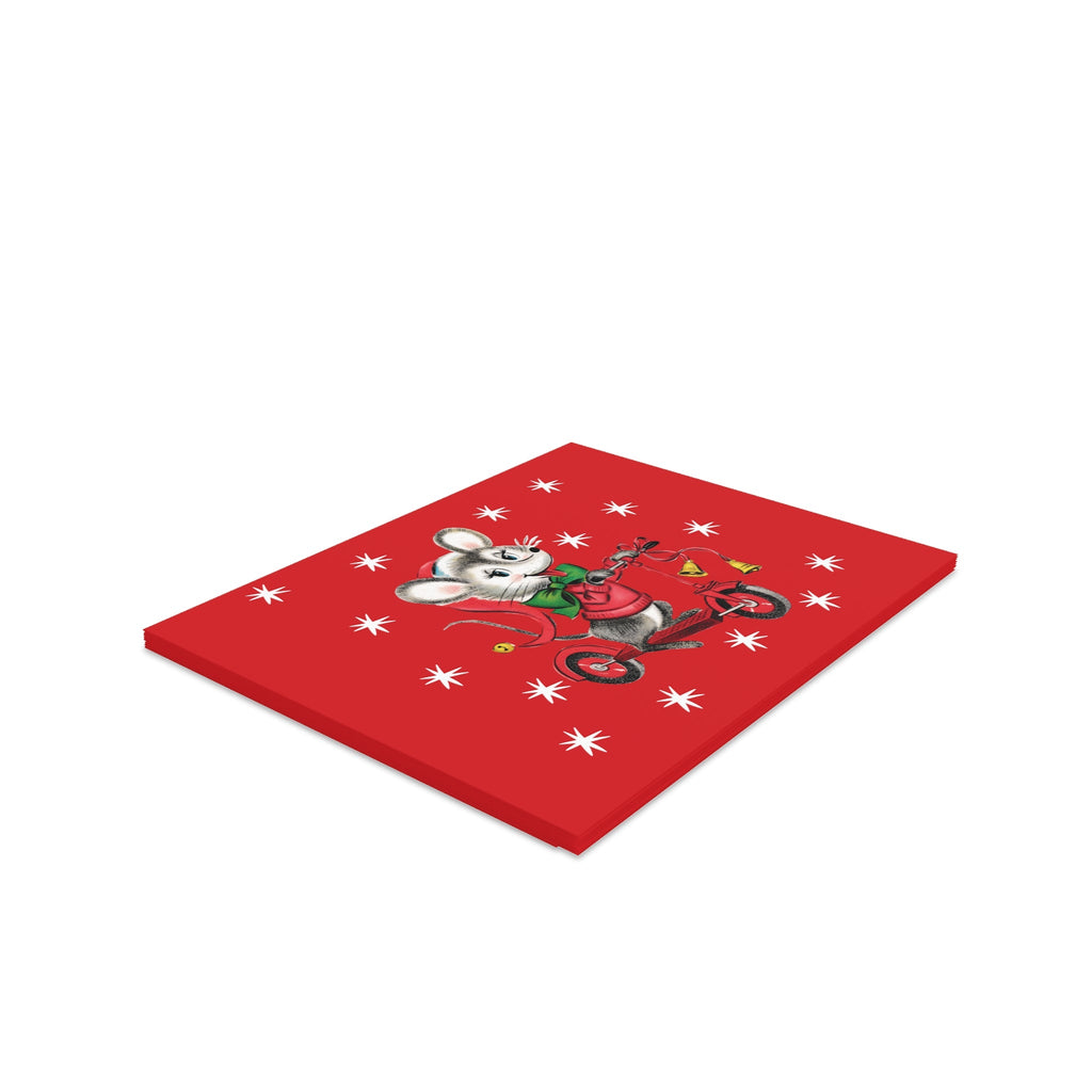 Christmas Mouse On Scooter Stars Mid Century Retro Christmas Print Red Matte Greeting Cards (8, 16, and 24 pcs)