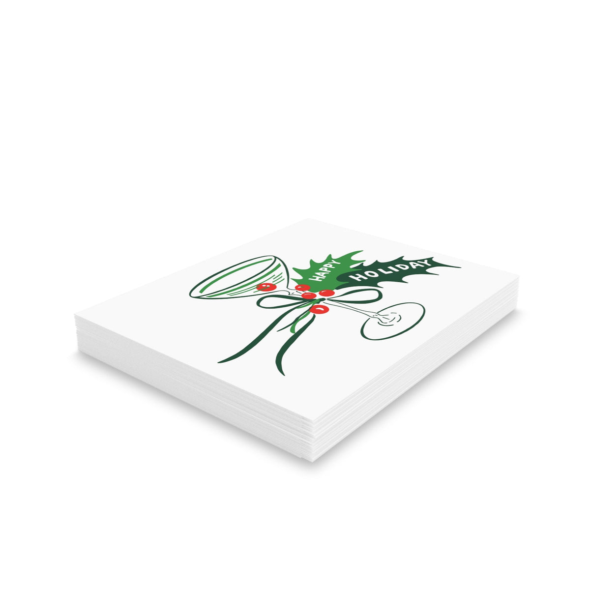Happy Holiday Champagne Glass Holly Mid Century Retro Christmas Print Matte Greeting Cards (8, 16, and 24 pcs)