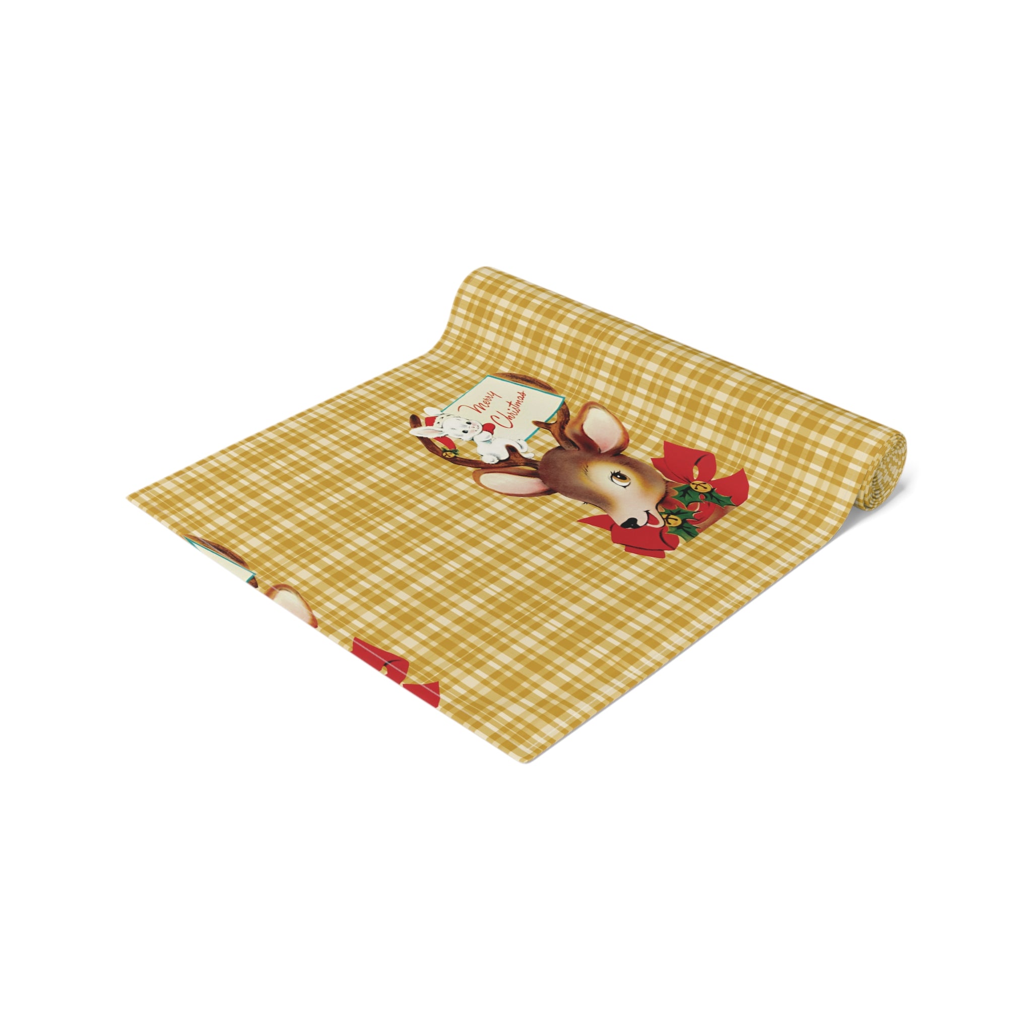 Merry Christmas Reindeer Bunny Yellow Plaid Retro Christmas Print Home Decor Cotton Poly Table Runner