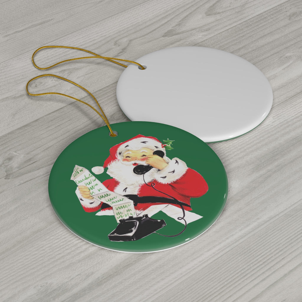 Santa On Telephone Checking His List Mid Century Retro Christmas Print Ceramic Ornament