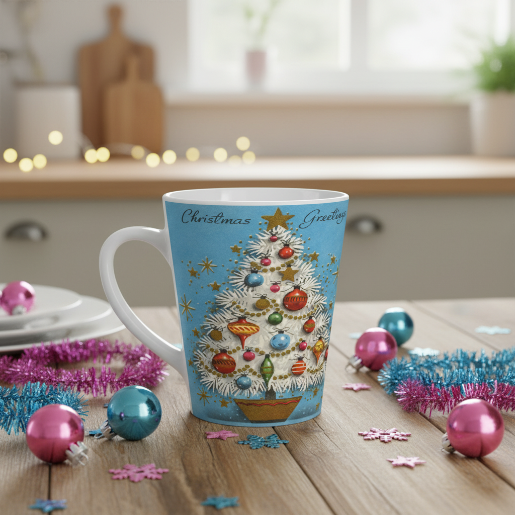Christmas Greetings Blue Christmas Tree Retro Christmas Print Latte Coffee Mug