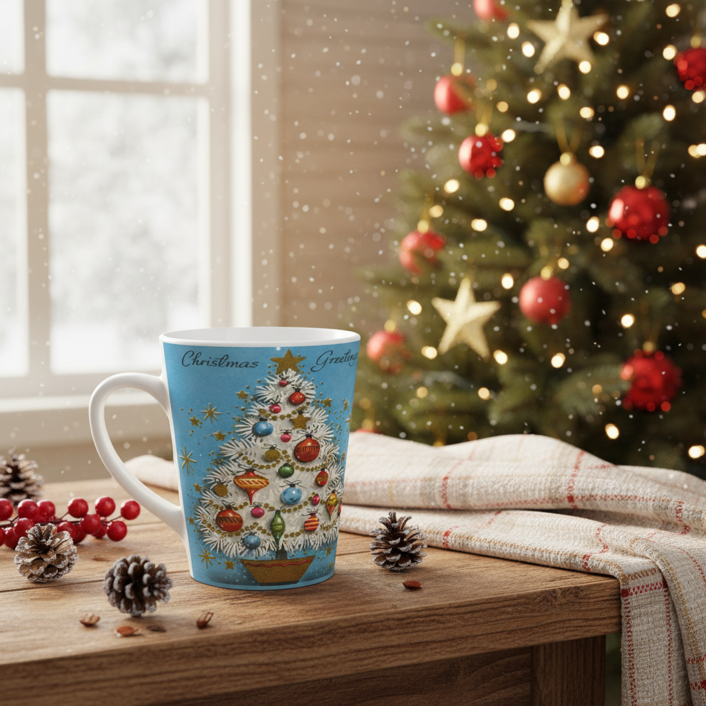 Christmas Greetings Blue Christmas Tree Retro Christmas Print Latte Coffee Mug