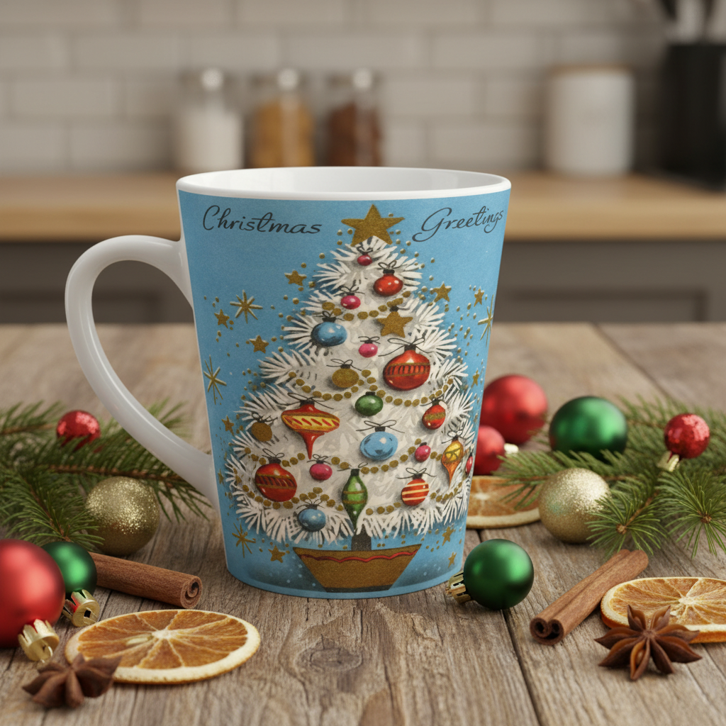 Christmas Greetings Blue Christmas Tree Retro Christmas Print Latte Coffee Mug