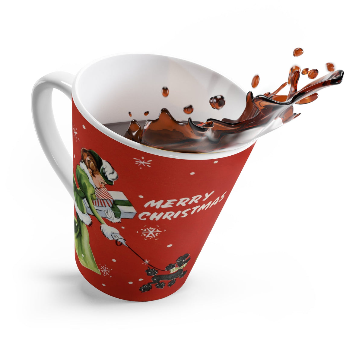 Merry Christmas Lady With Poodle Retro Christmas Print Latte Coffee Mug