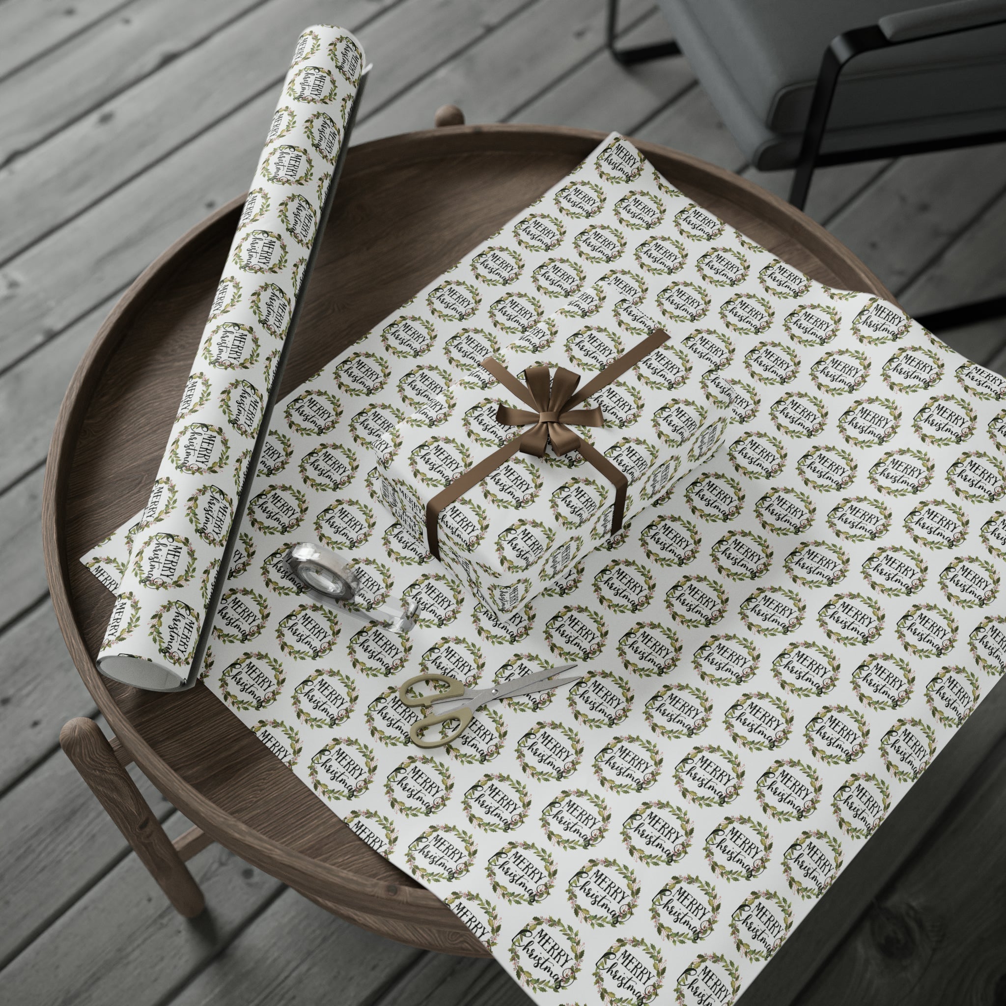 Merry Christmas Wreath Retro Style Christmas Print Holiday Gift Wrap Paper - Glossy Or Matte