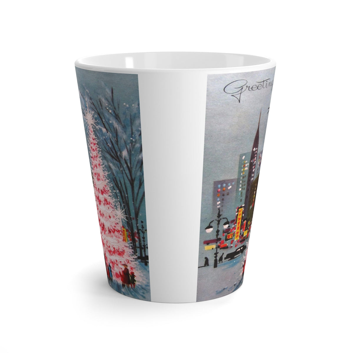 City Greetings Pink Christmas Tree Mid Century Retro Christmas Print Latte Coffee Mug