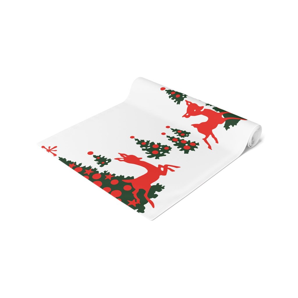 Red Reindeer Christmas Trees Midcentury Retro Polyester Table Runner