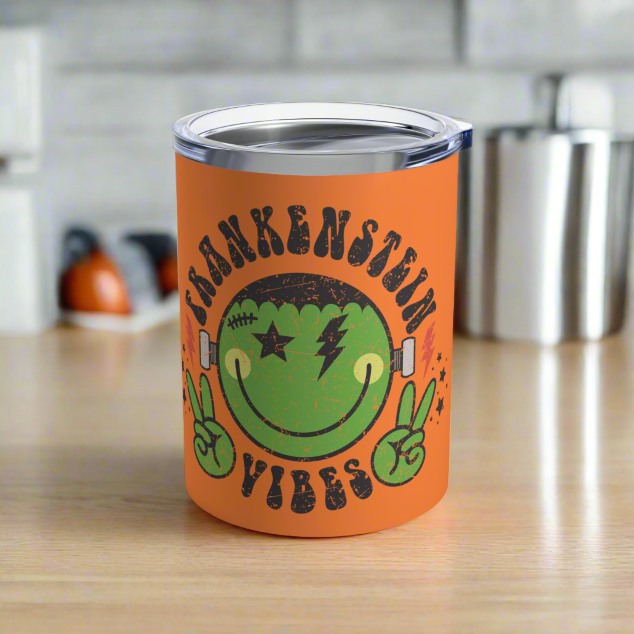 Frankenstein Vibes Distressed Orange Halloween 10oz Stainless Steel Travel Tumbler
