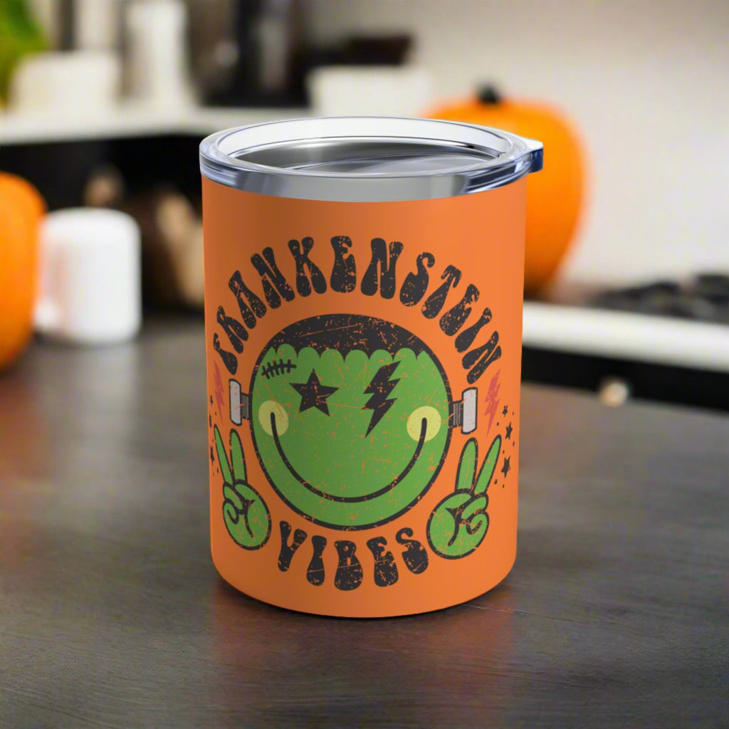 Frankenstein Vibes Distressed Orange Halloween 10oz Stainless Steel Travel Tumbler