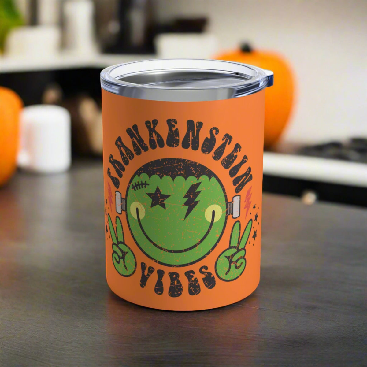 Frankenstein Vibes Distressed Orange Halloween 10oz Stainless Steel Travel Tumbler