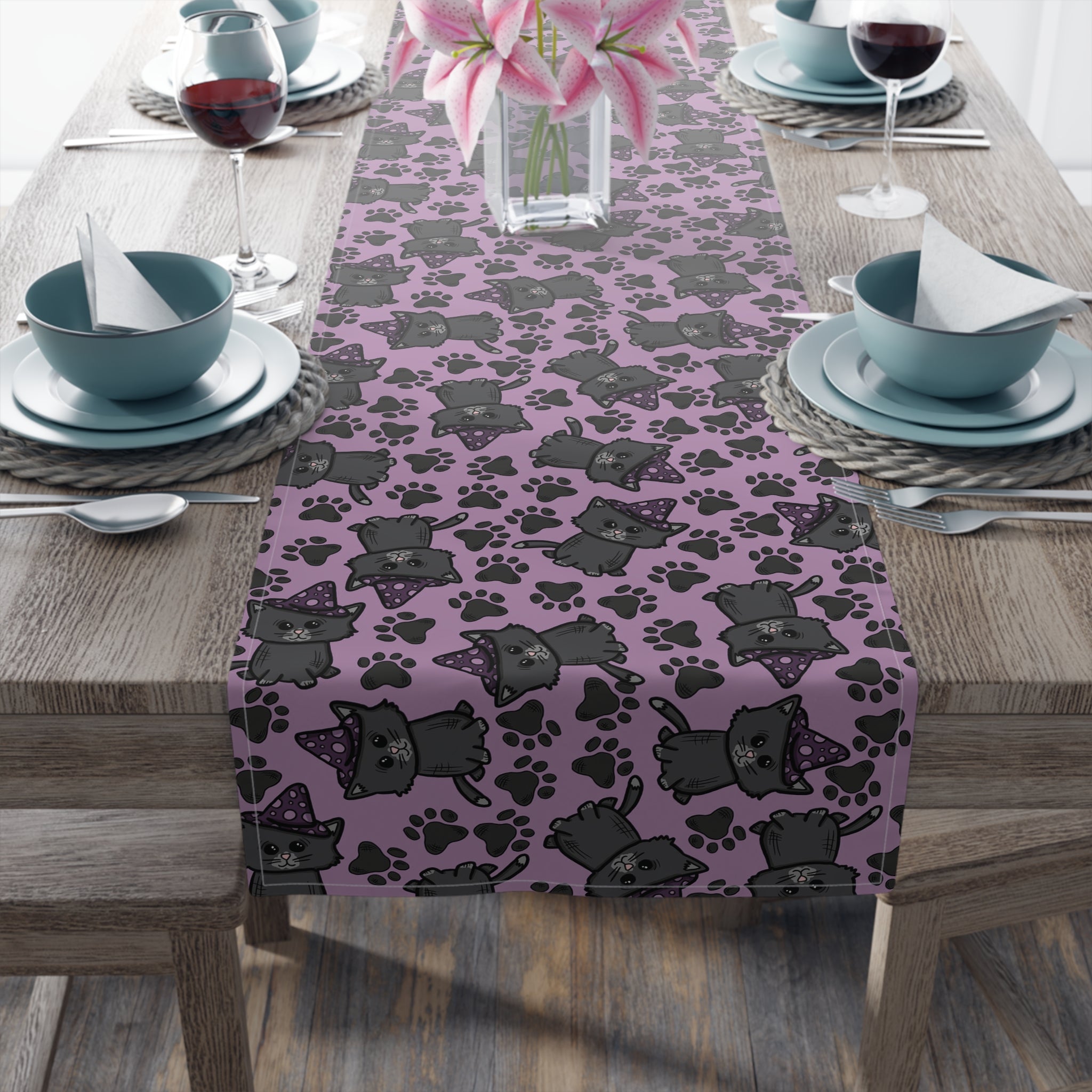 Witchy Kitties Cute Halloween Print Fall Autumn Decor Purple Cotton Poly Table Runner