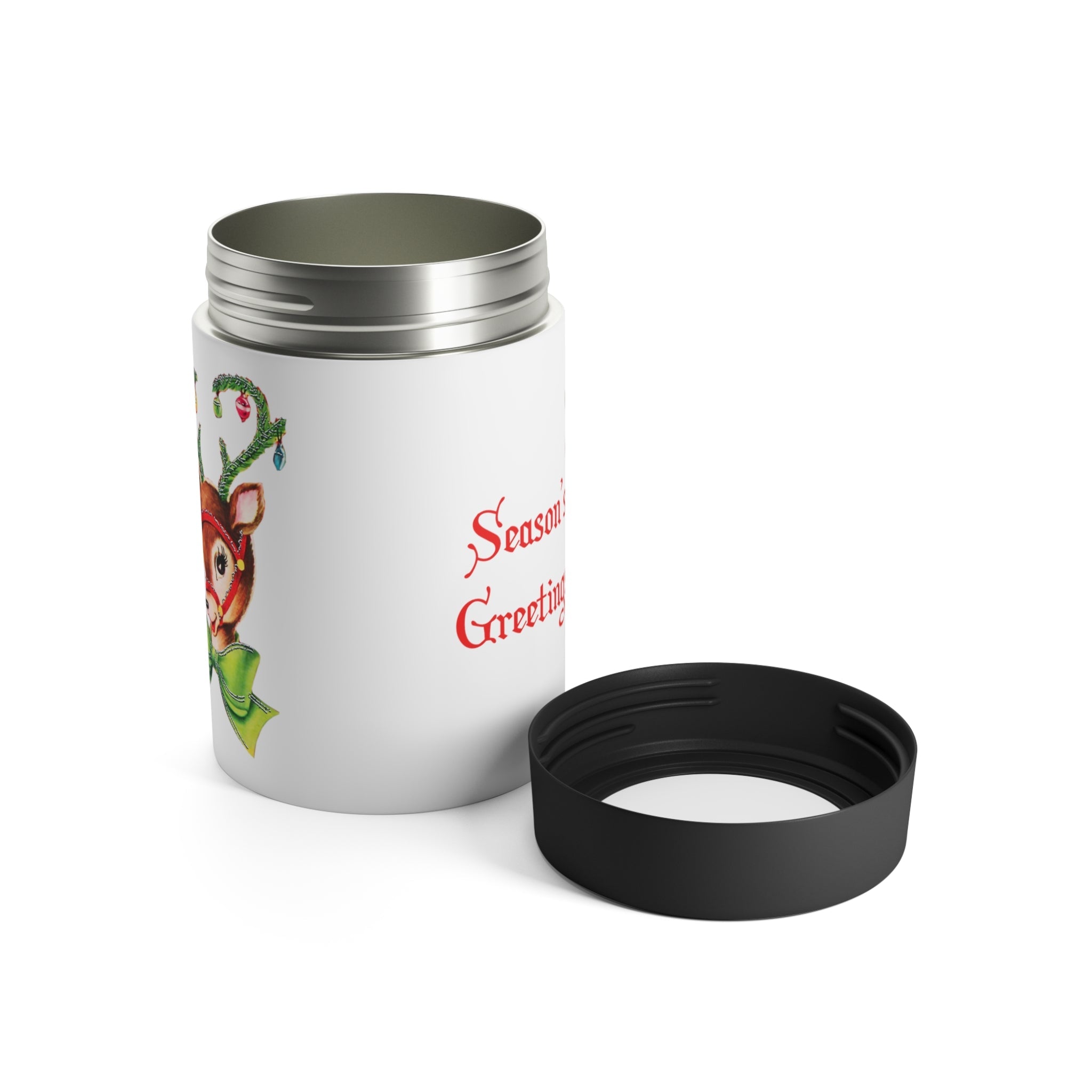 Season's Greetings Reindeer Ornaments Mid Century Retro Christmas Print Stainless Steel Can Holder