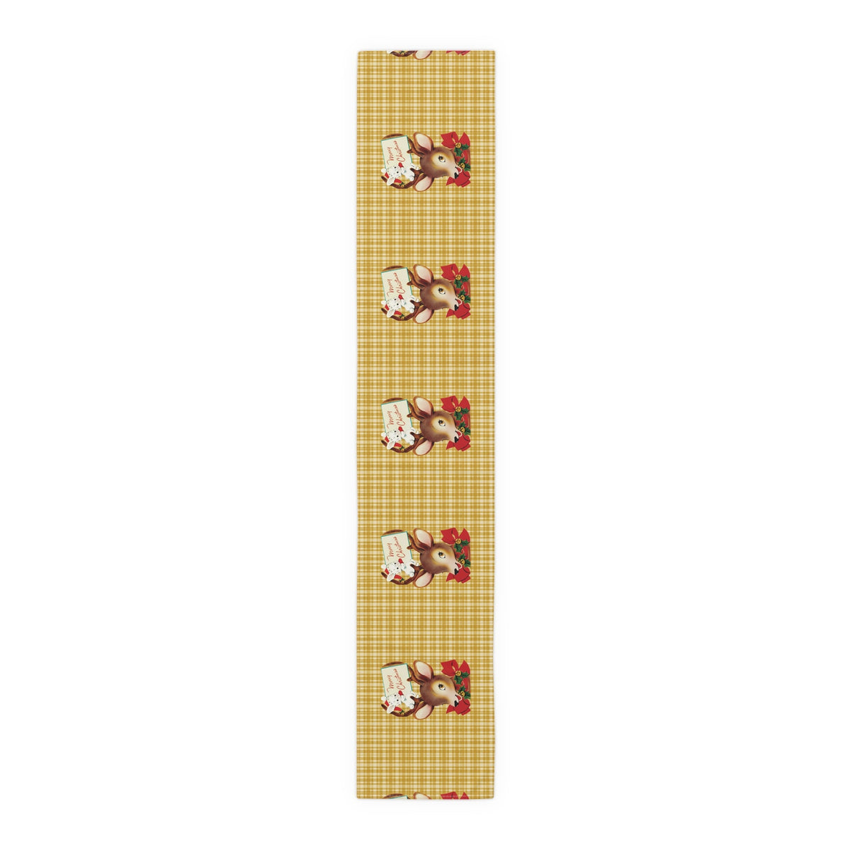 Merry Christmas Reindeer Bunny Yellow Plaid Retro Christmas Print Home Decor Cotton Poly Table Runner