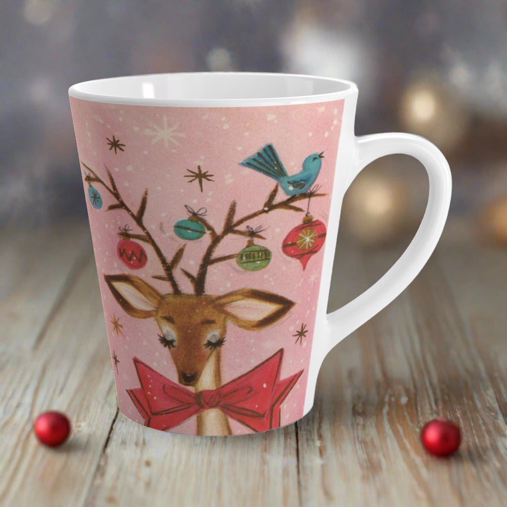 Reindeer With Bluebird Ornaments Retro Vintage Pink Christmas Print Latte Coffee Mug