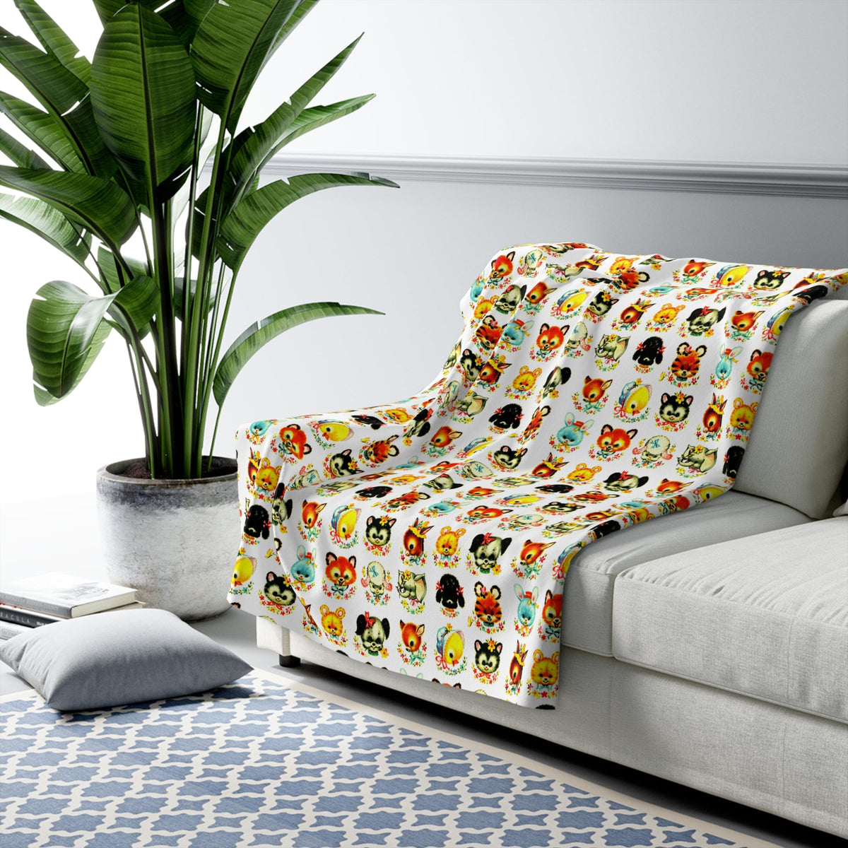 Cute Retro Animals Mid Century Retro Print Sherpa Fleece Blanket