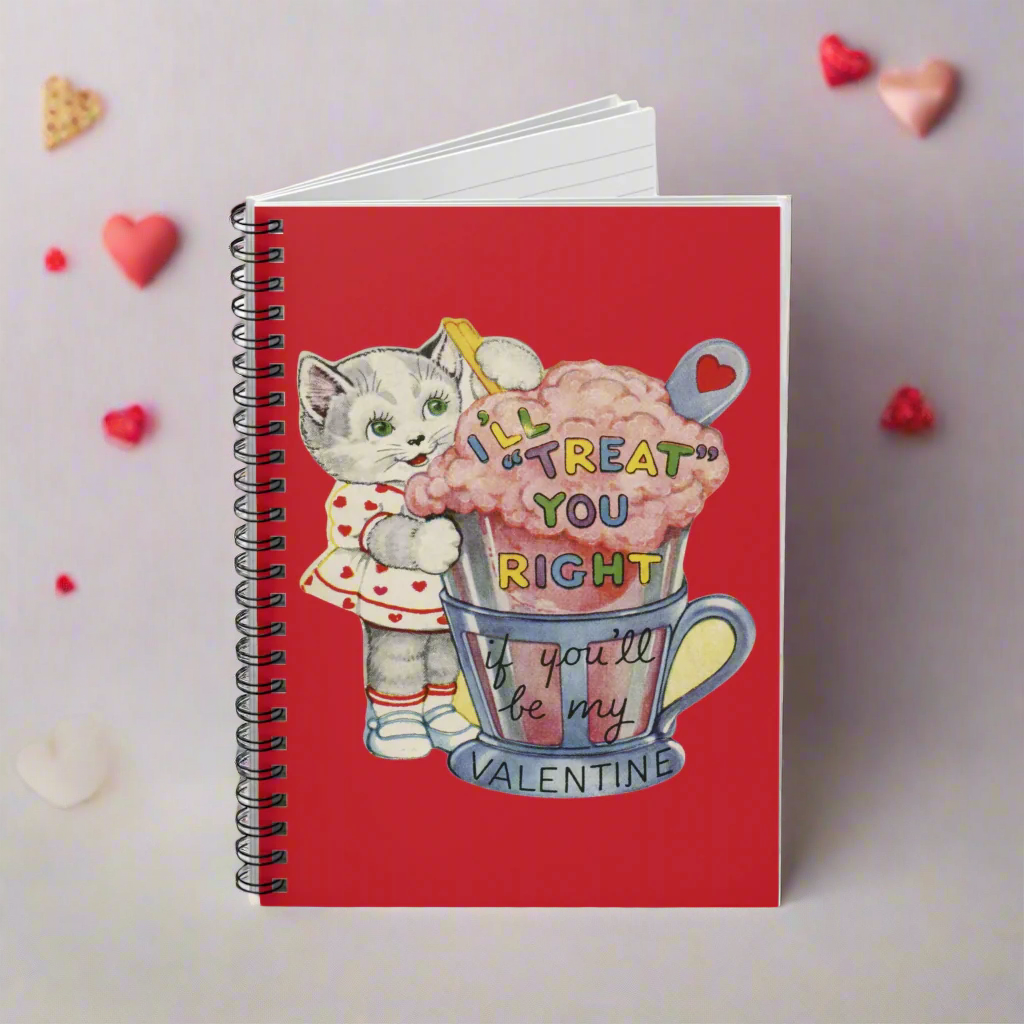 I'll Treat You Right Retro Valentine's Day Kitten Spiral Journal Notebook