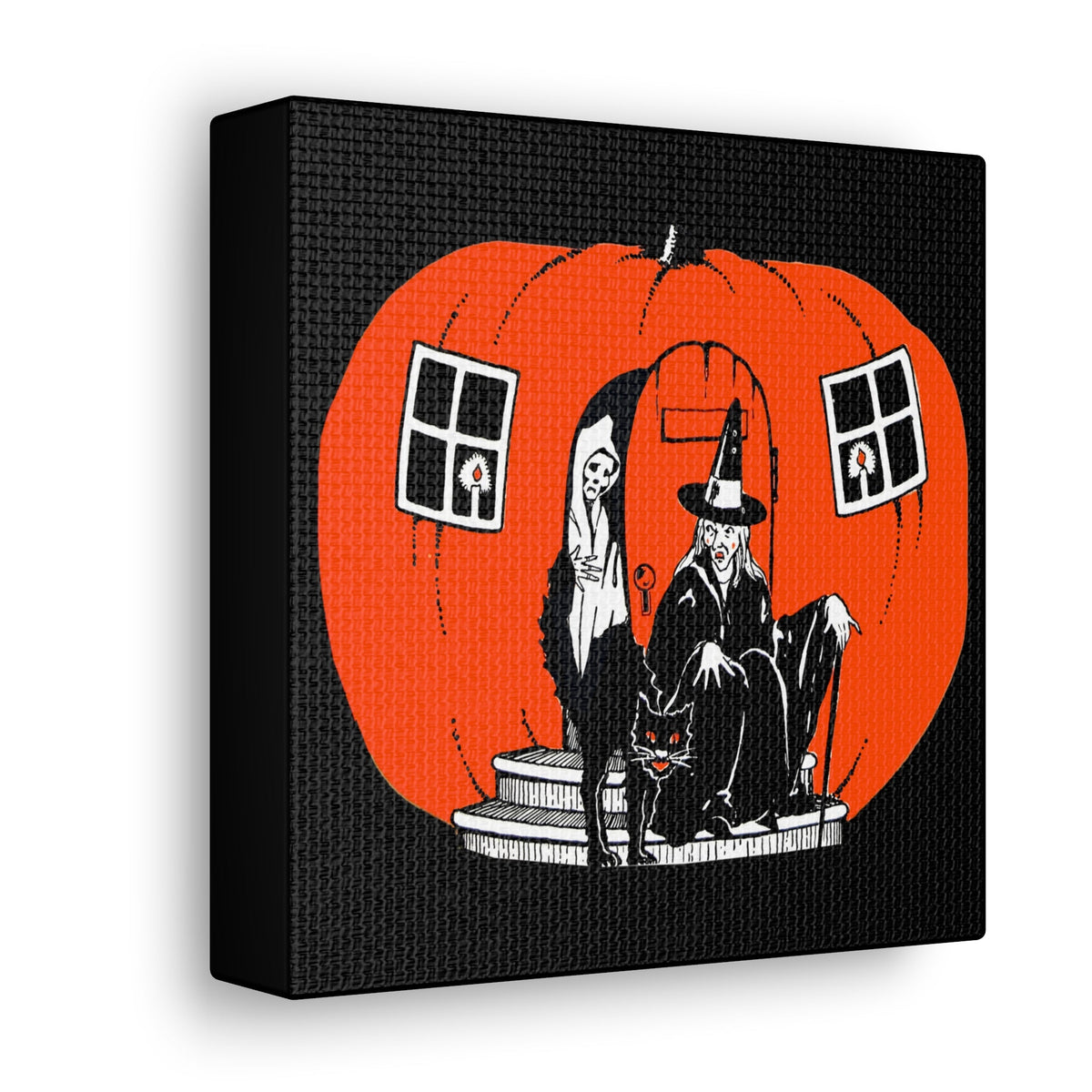 Pumpkin House Witch Black Cat Retro Halloween Decor Print Canvas Gallery Wrap