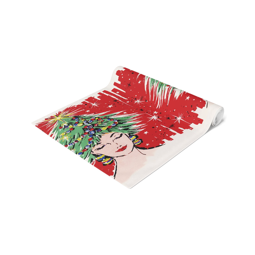Christmas Tree Hat Lady 50s Mid Century Retro Christmas Print Home Decor Cotton Poly Table Runner
