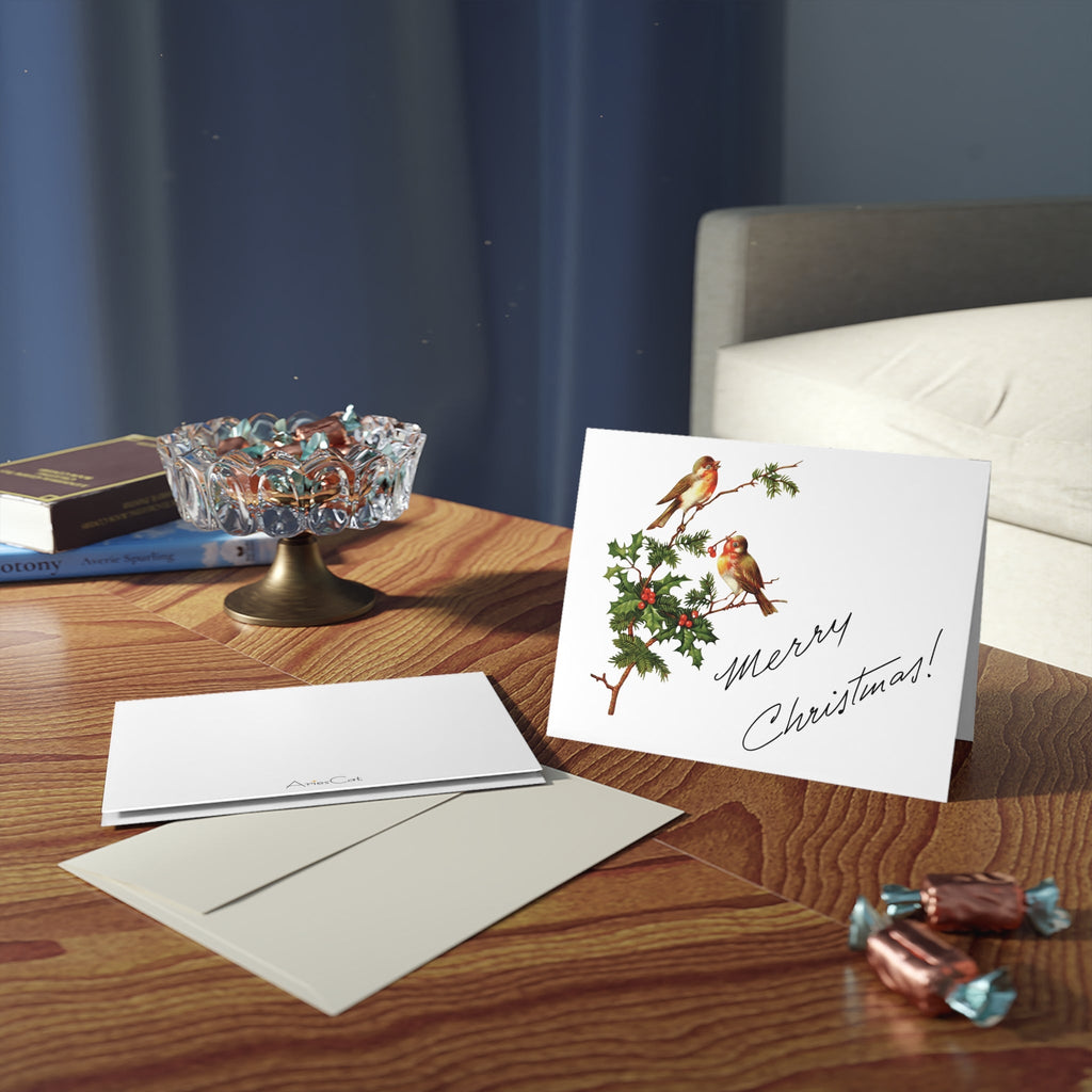 Merry Christmas Birds With Holly Berries Retro Christmas Style Pink Matte Greeting Cards (8, 16, and 24 pcs)