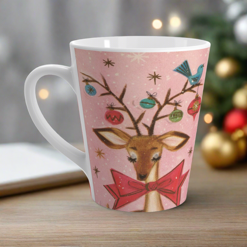 Reindeer With Bluebird Ornaments Retro Vintage Pink Christmas Print Latte Coffee Mug