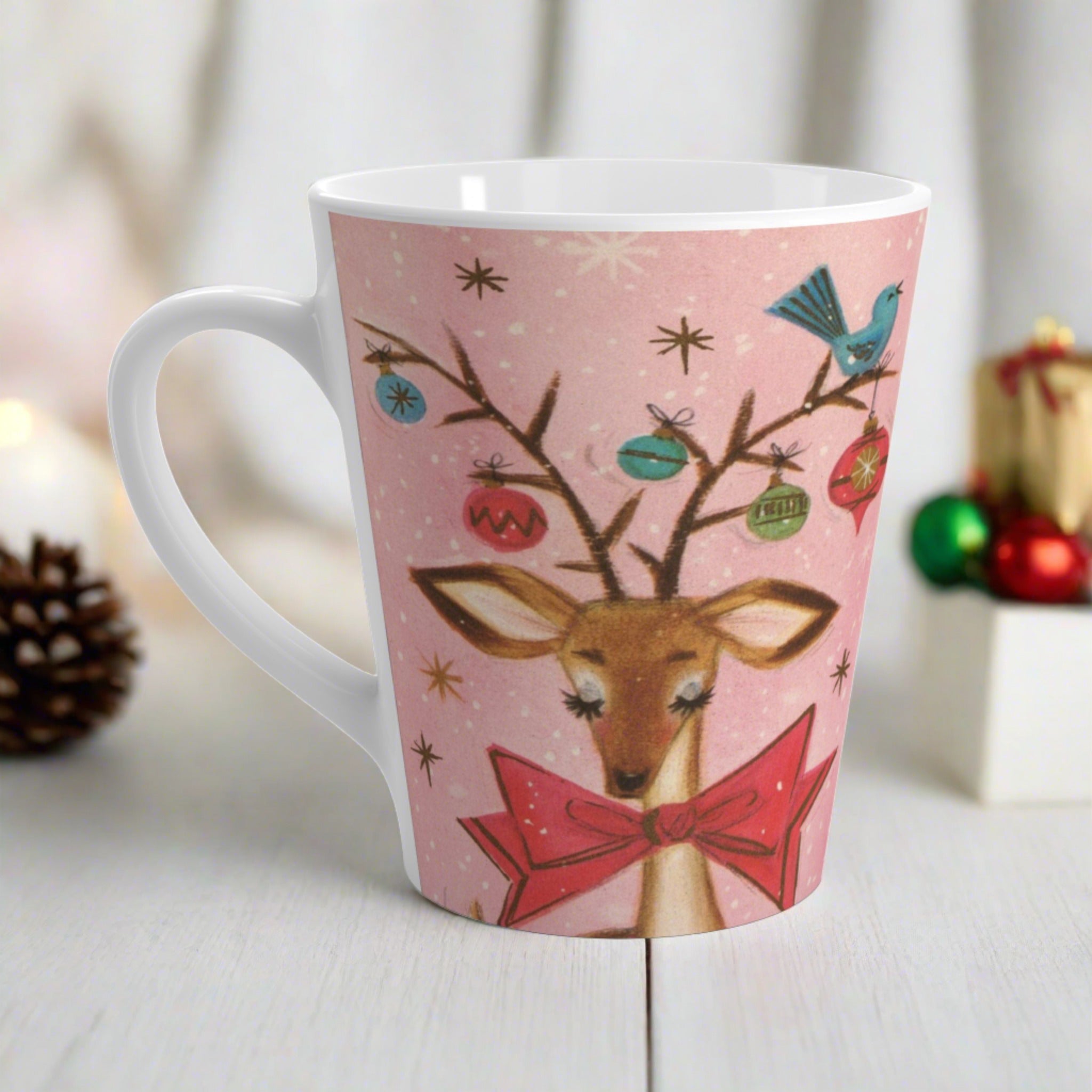 Reindeer With Bluebird Ornaments Retro Vintage Pink Christmas Print Latte Coffee Mug
