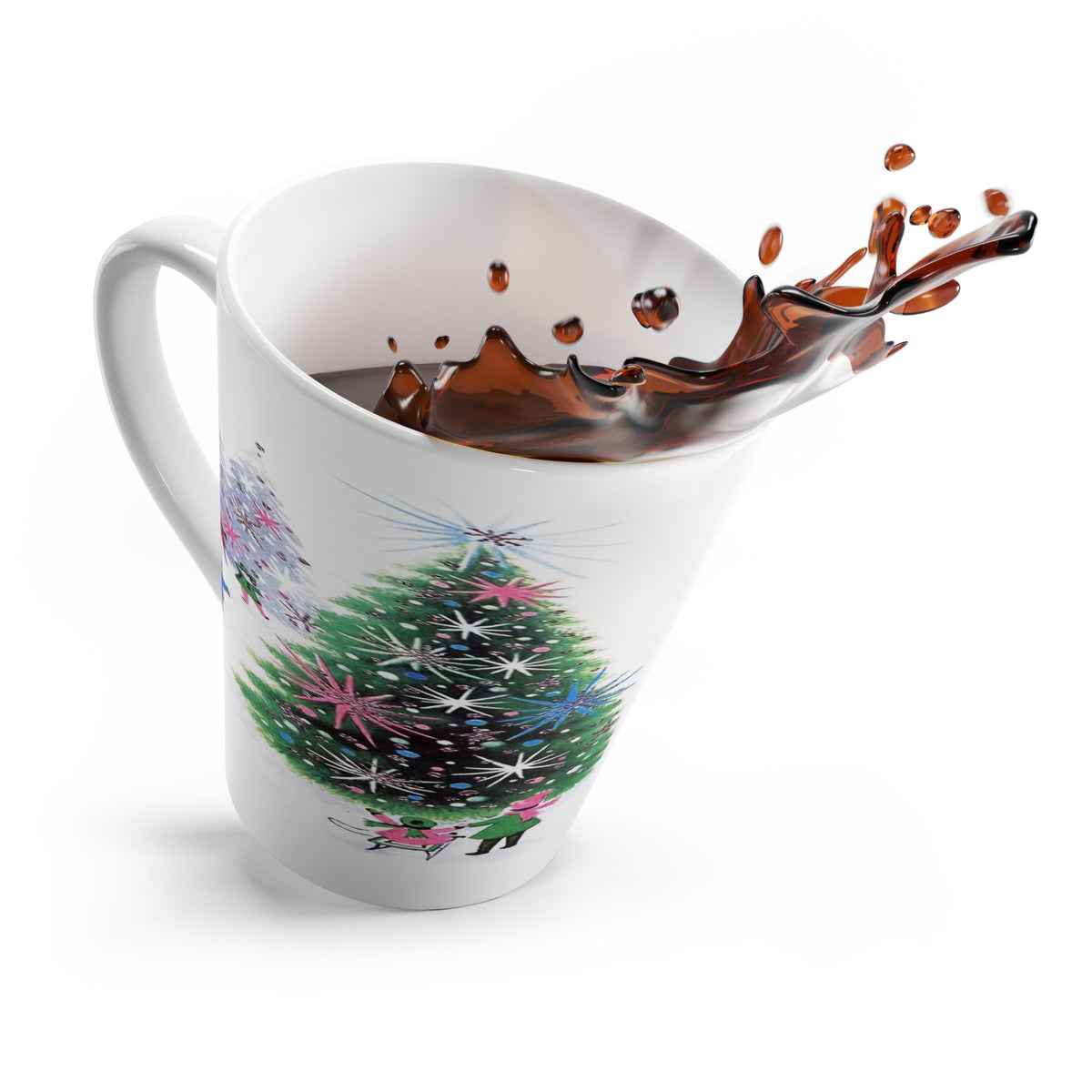 Christmas Trees Kids Sledding Retro Mid Century Christmas Print Latte Mug