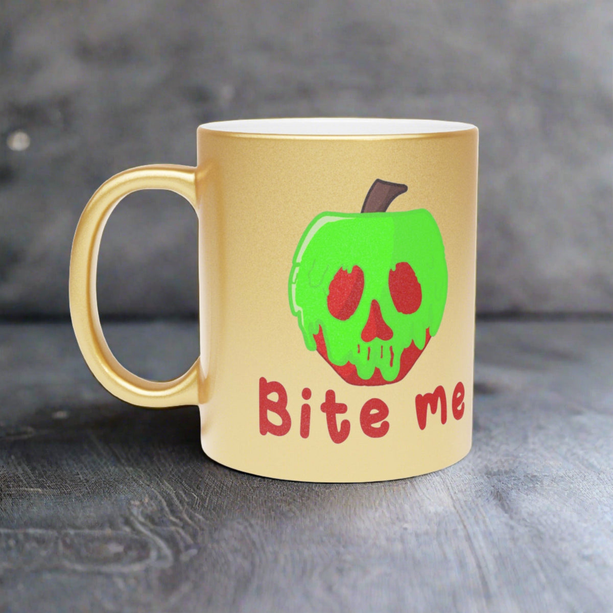 Bite Me Snow White Evil Queen Poison Apple Halloween Gold Metallic Mug