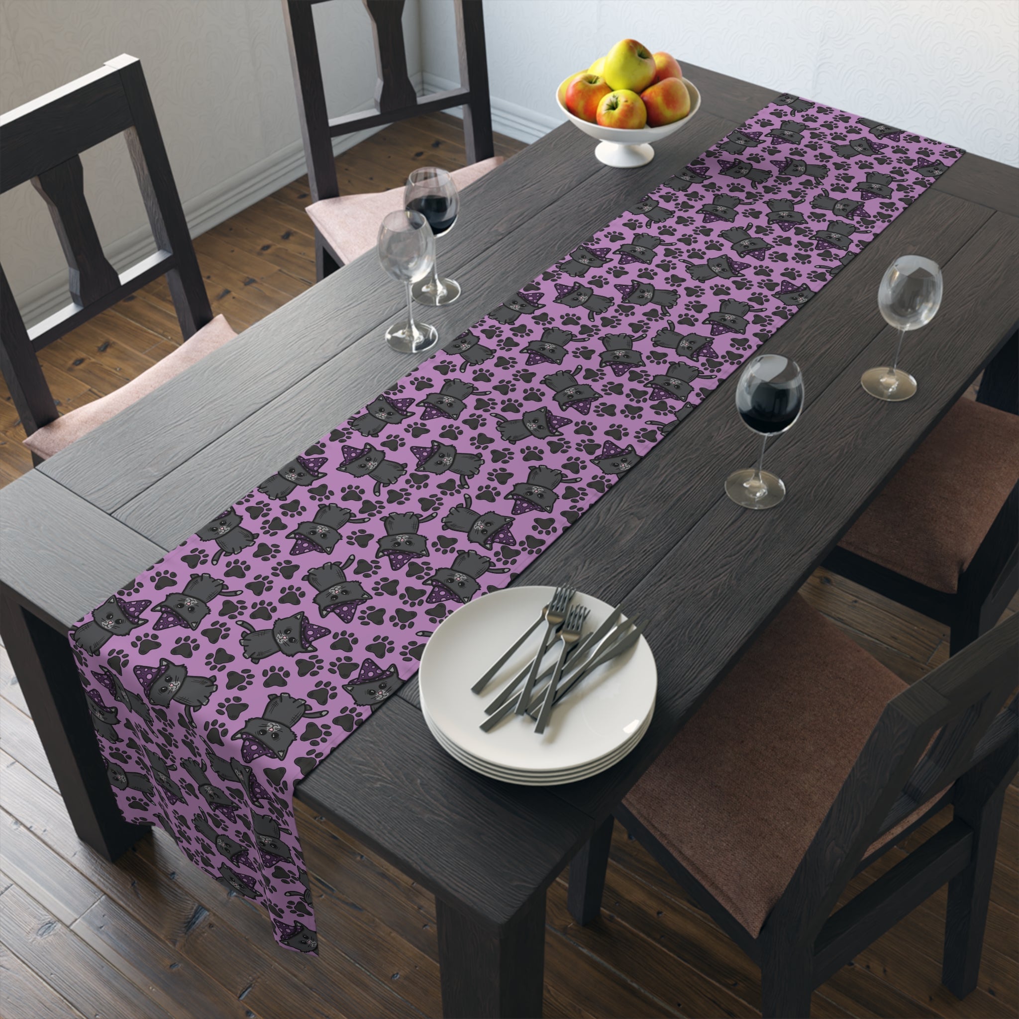 Witchy Kitties Cute Halloween Print Fall Autumn Decor Purple Cotton Poly Table Runner