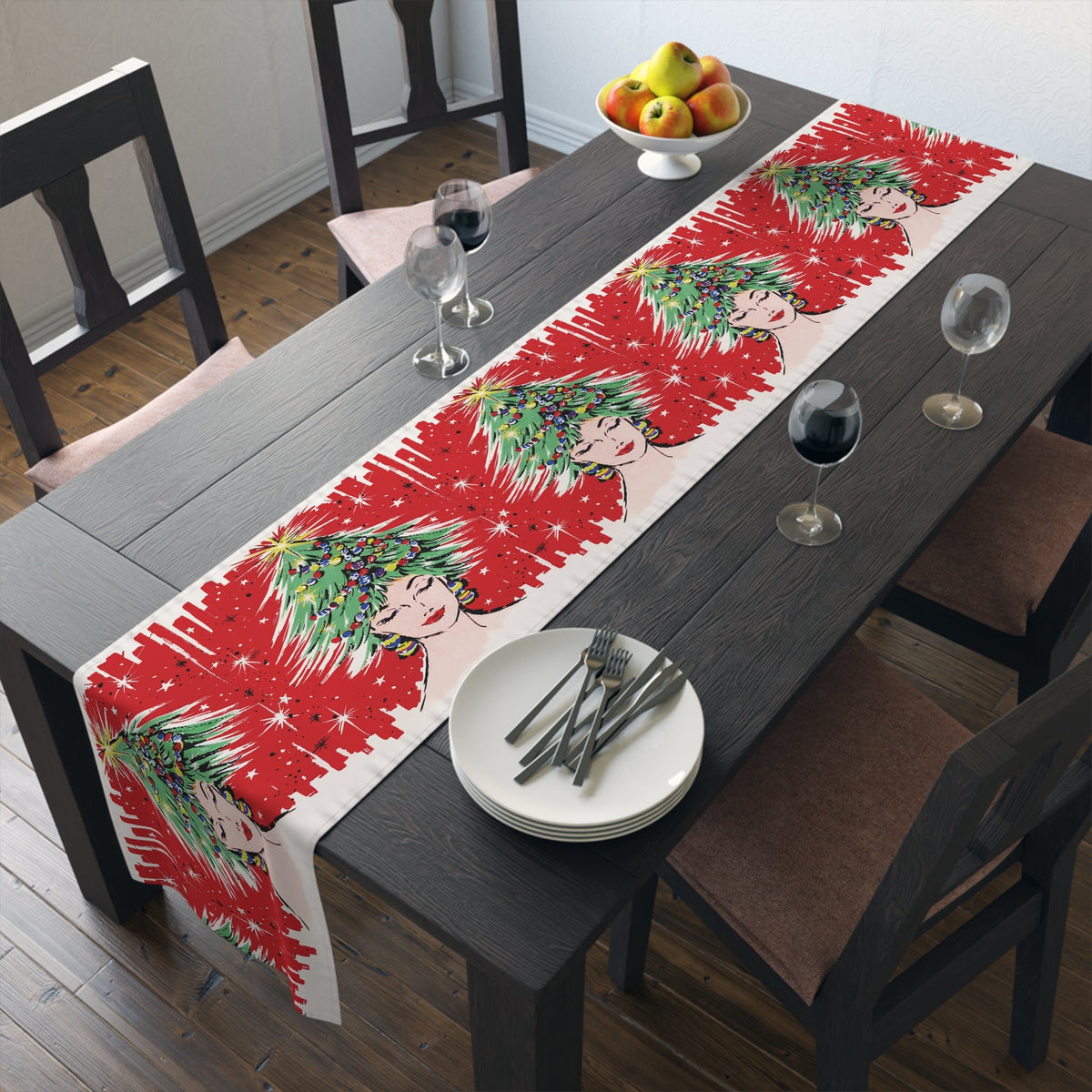 Christmas Tree Hat Lady 50s Mid Century Retro Christmas Print Home Decor Cotton Poly Table Runner