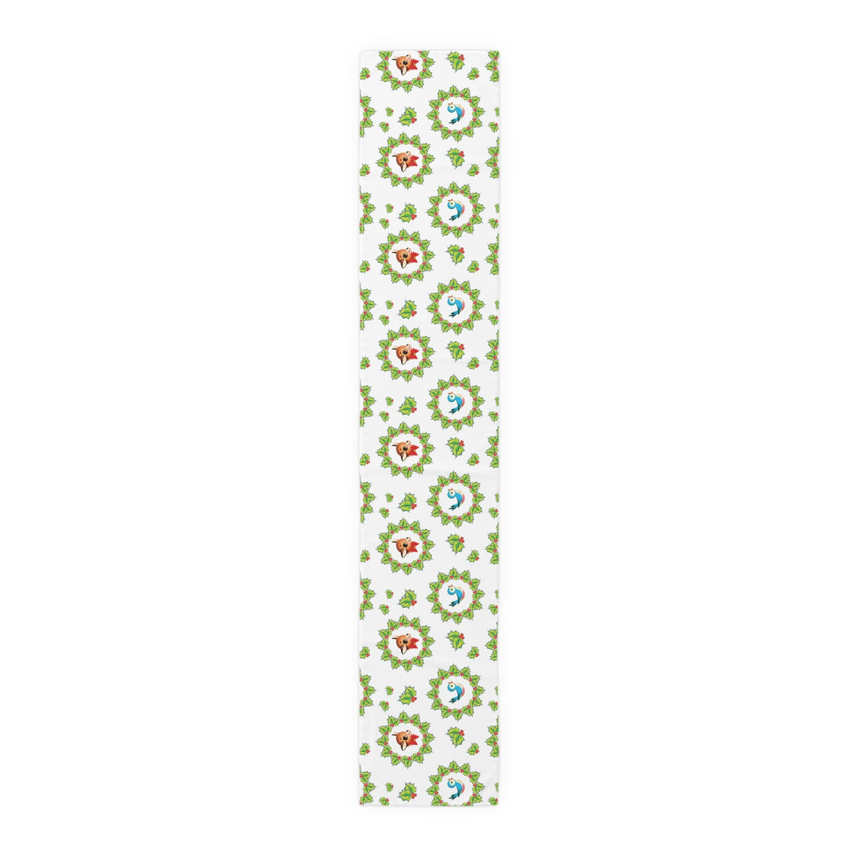 Christmas Bluebirds And Reindeer In Holly Berry Wreath Mid Century Retro Christmas Print Home Decor Cotton Poly Table Runner
