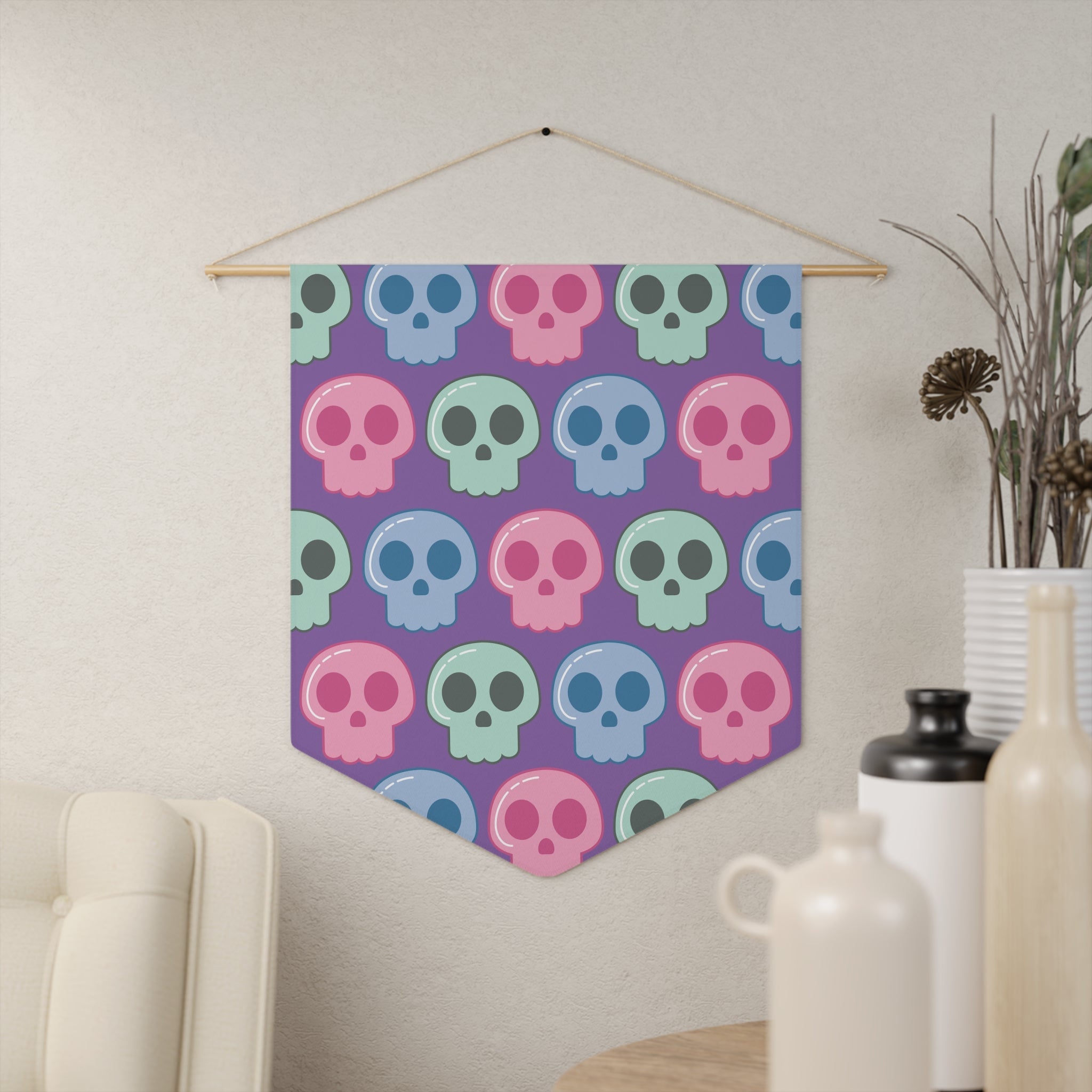 Cute Pastel Halloween Skulls Print Wall Hanging Banner Flag