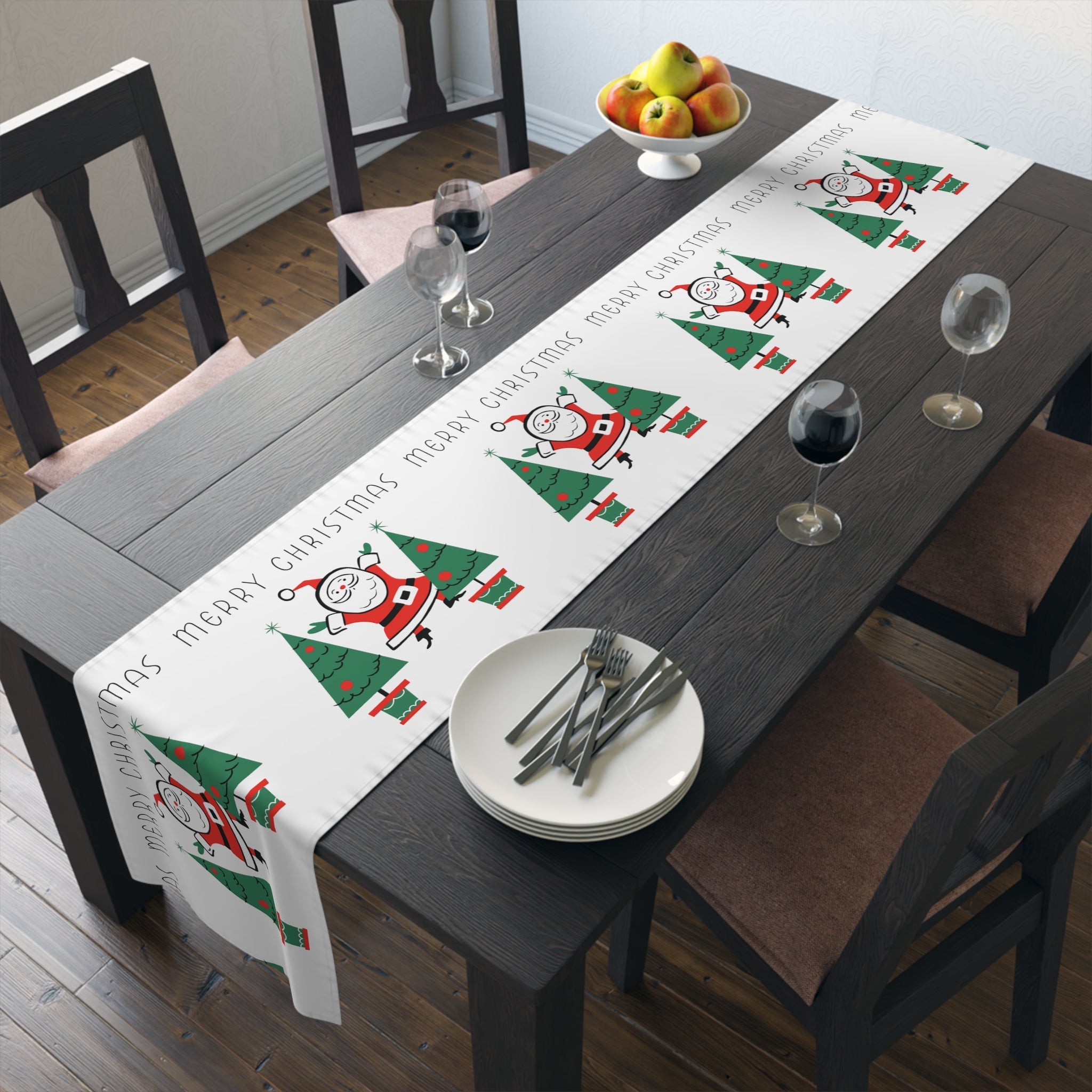 Merry Christmas Santa Christmas Trees Mid Century Retro Style Christmas Decor Red Cotton Poly Table Runner