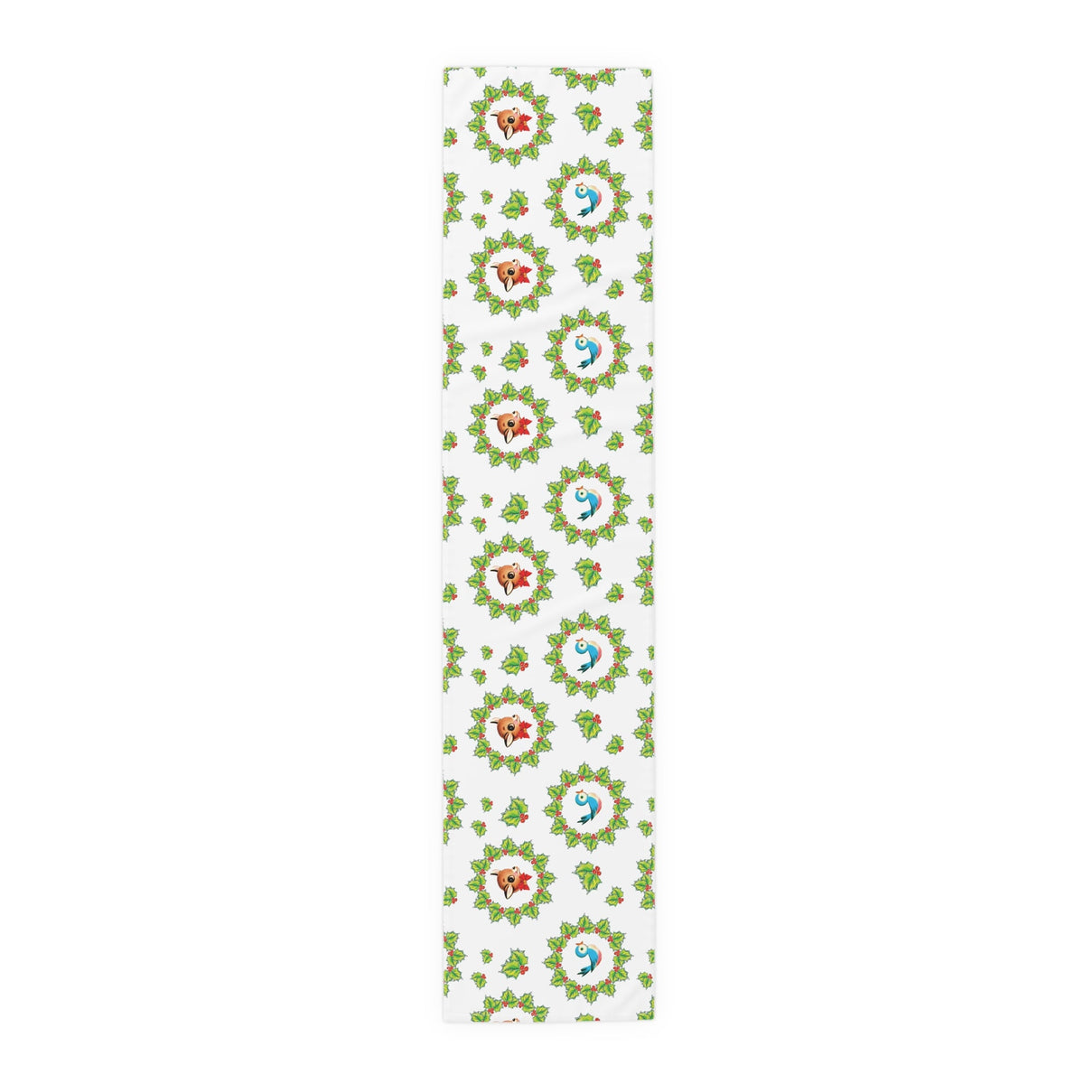 Christmas Bluebirds And Reindeer In Holly Berry Wreath Mid Century Retro Christmas Print Home Decor Cotton Poly Table Runner
