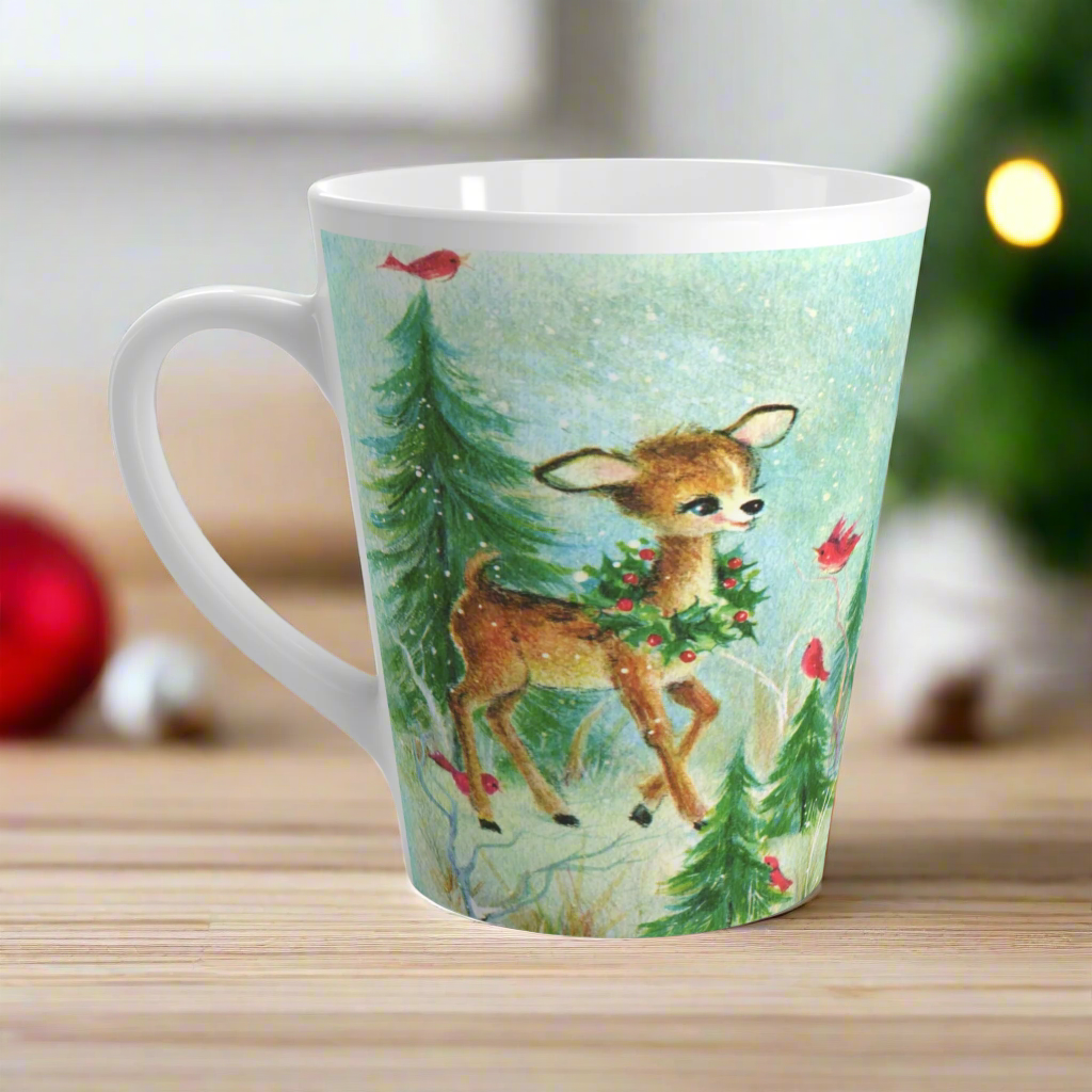 Baby Deer Fawn Red Birds Woodland Retro Christmas Latte Coffee Mug