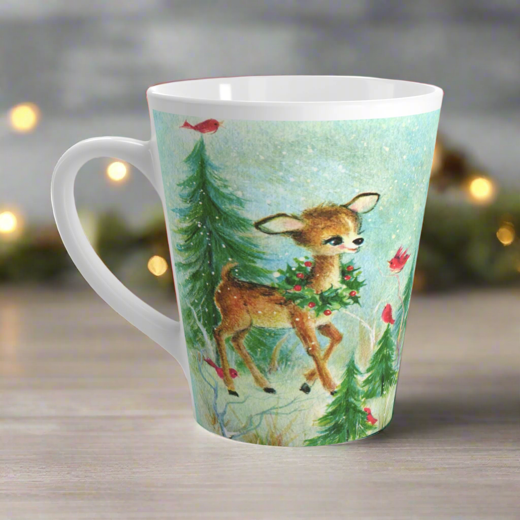 Baby Deer Fawn Red Birds Woodland Retro Christmas Latte Coffee Mug