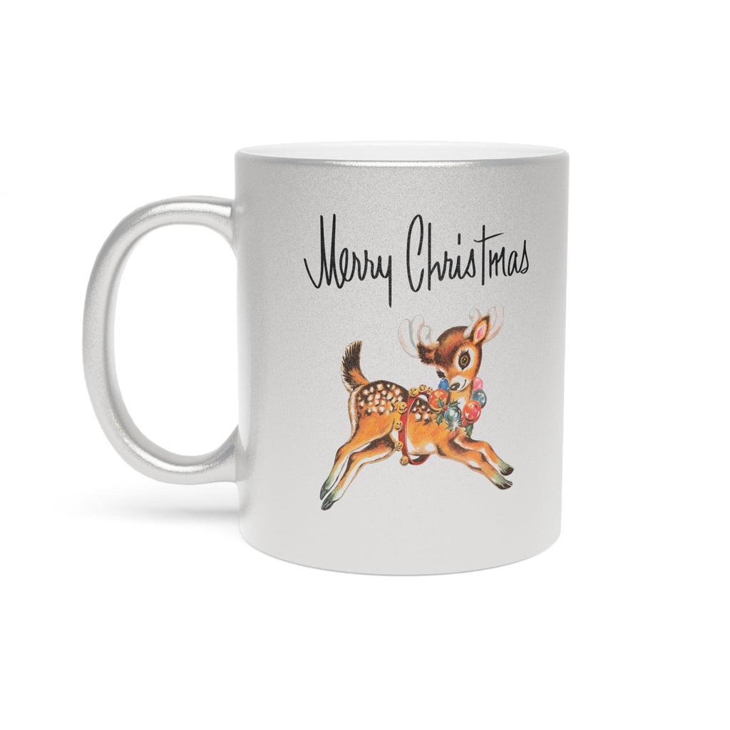 Merry Christmas Mid Century Retro Reindeer Print Silver Metallic Mug