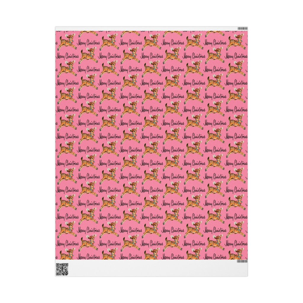 Merry Christmas Leaping Reindeer Pink Mid Century Retro Christmas Print Holiday Gift Wrap Paper - Glossy Or Matte