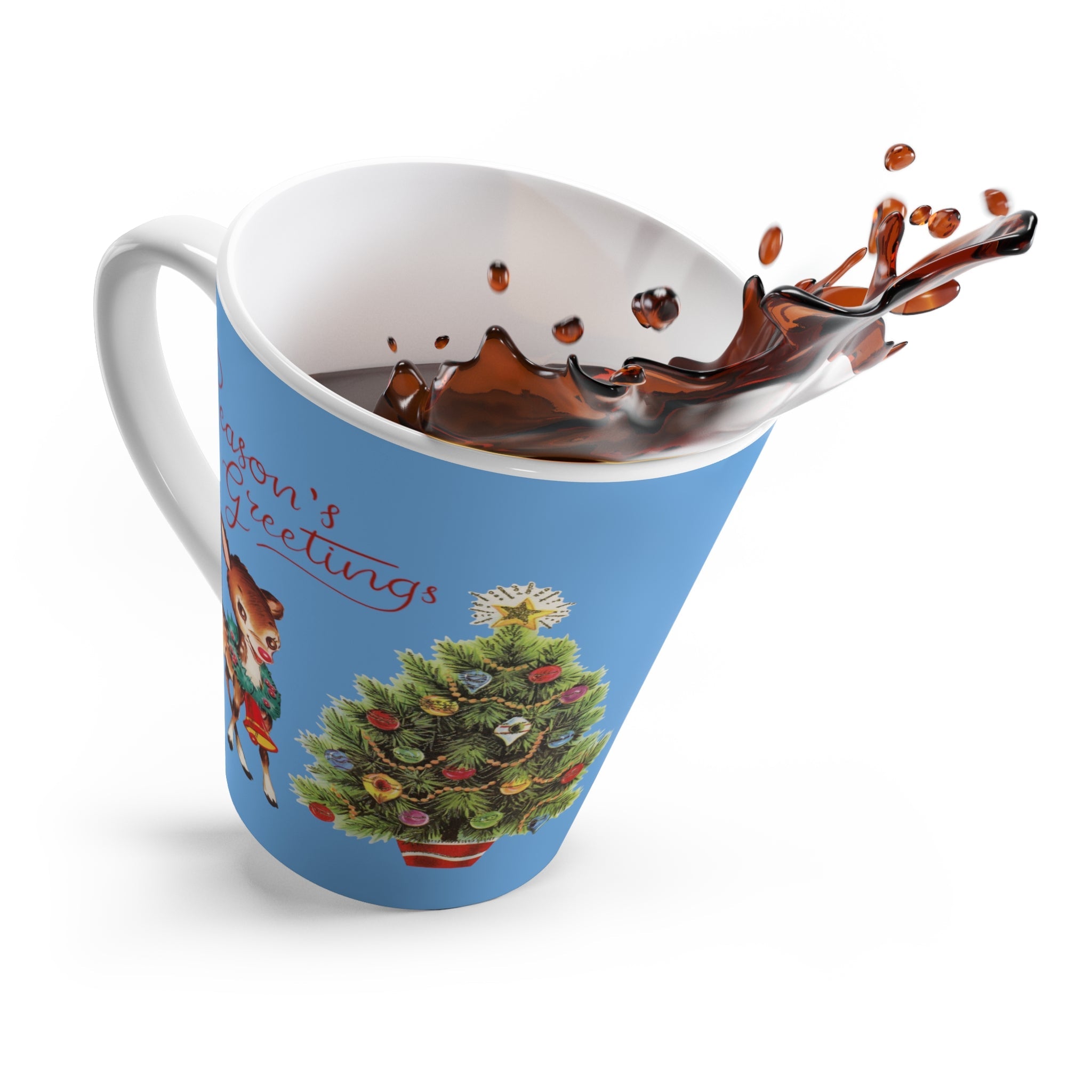 Reindeer Season's Greetings Blue Mid Century Retro Christmas Print Latte Mug