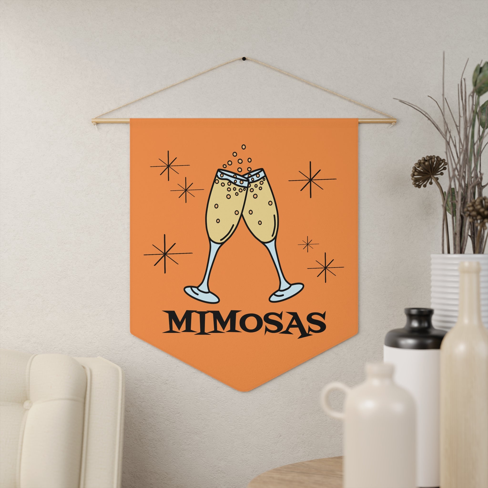 Mimosas Champagne Atomic Mid Century Retro Style Orange Wall Hanging Banner Flag