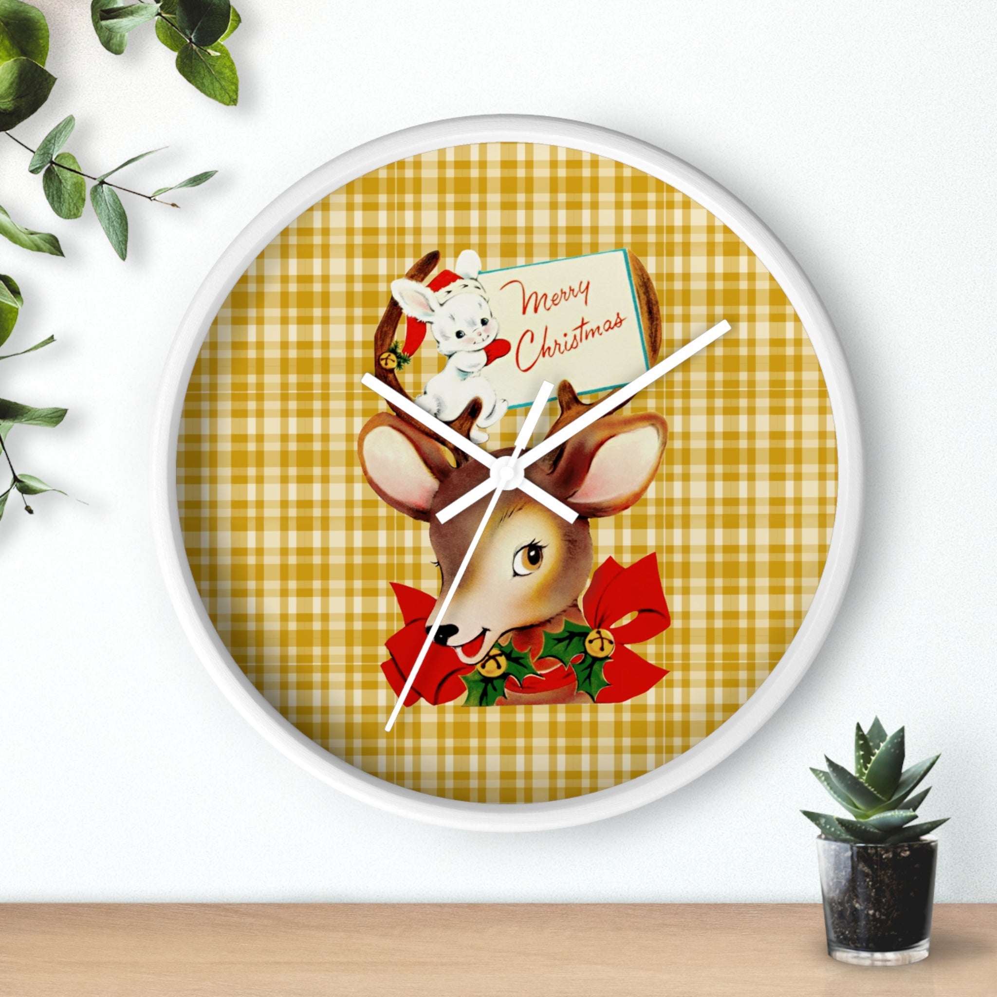 Merry Christmas Reindeer Bunny Plaid Retro Print White Christmas Wall Clock